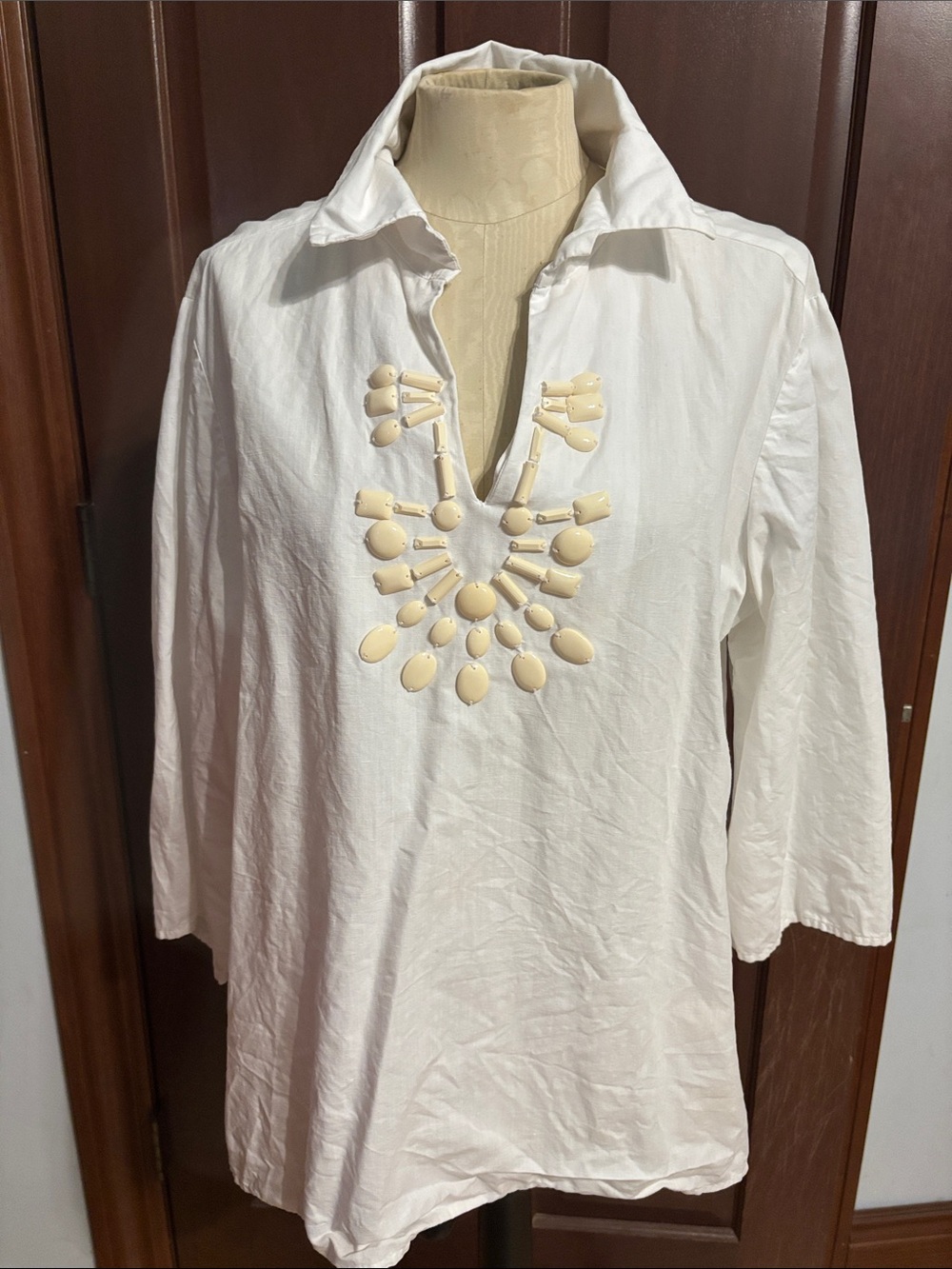 VTG Y2K Talbots Beaded Popover Blouse White Linen Cotton Blend Tunic Size XL